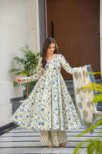 Sonakshi Women's Offwhite Maslin Digital Print Full Round Flair Anarkali Gown Set With Dupatta | Grocsy