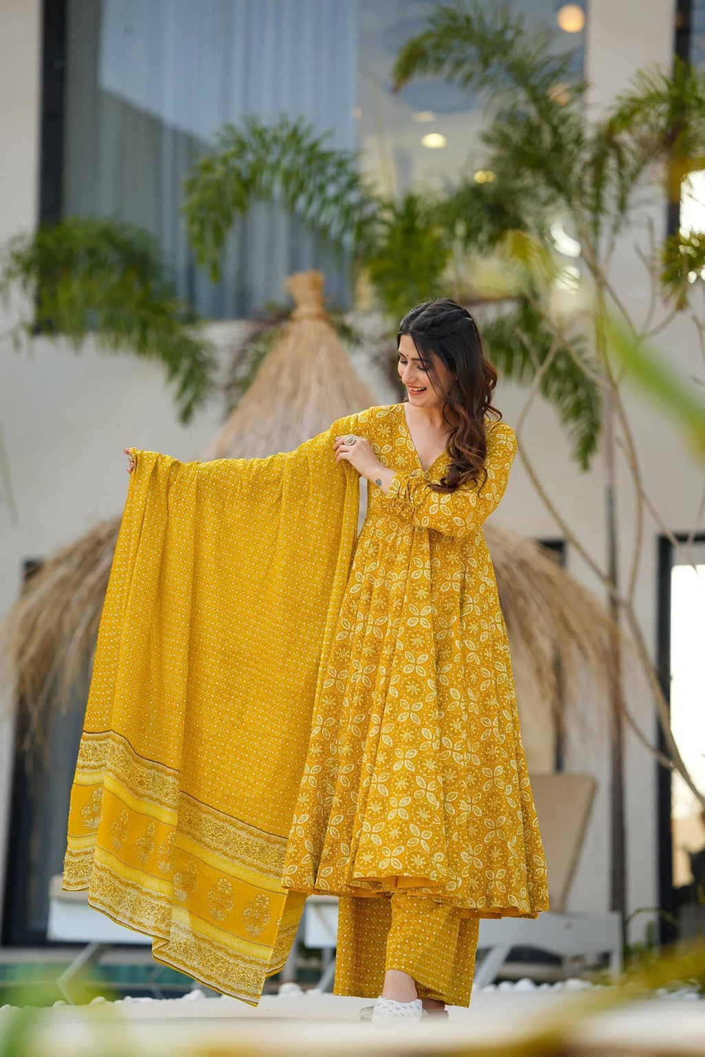 Sonakshi Women's Yellow Maslin Digital Print Full Round Flair Anarkali Gown Set With Dupatta | Grocsy