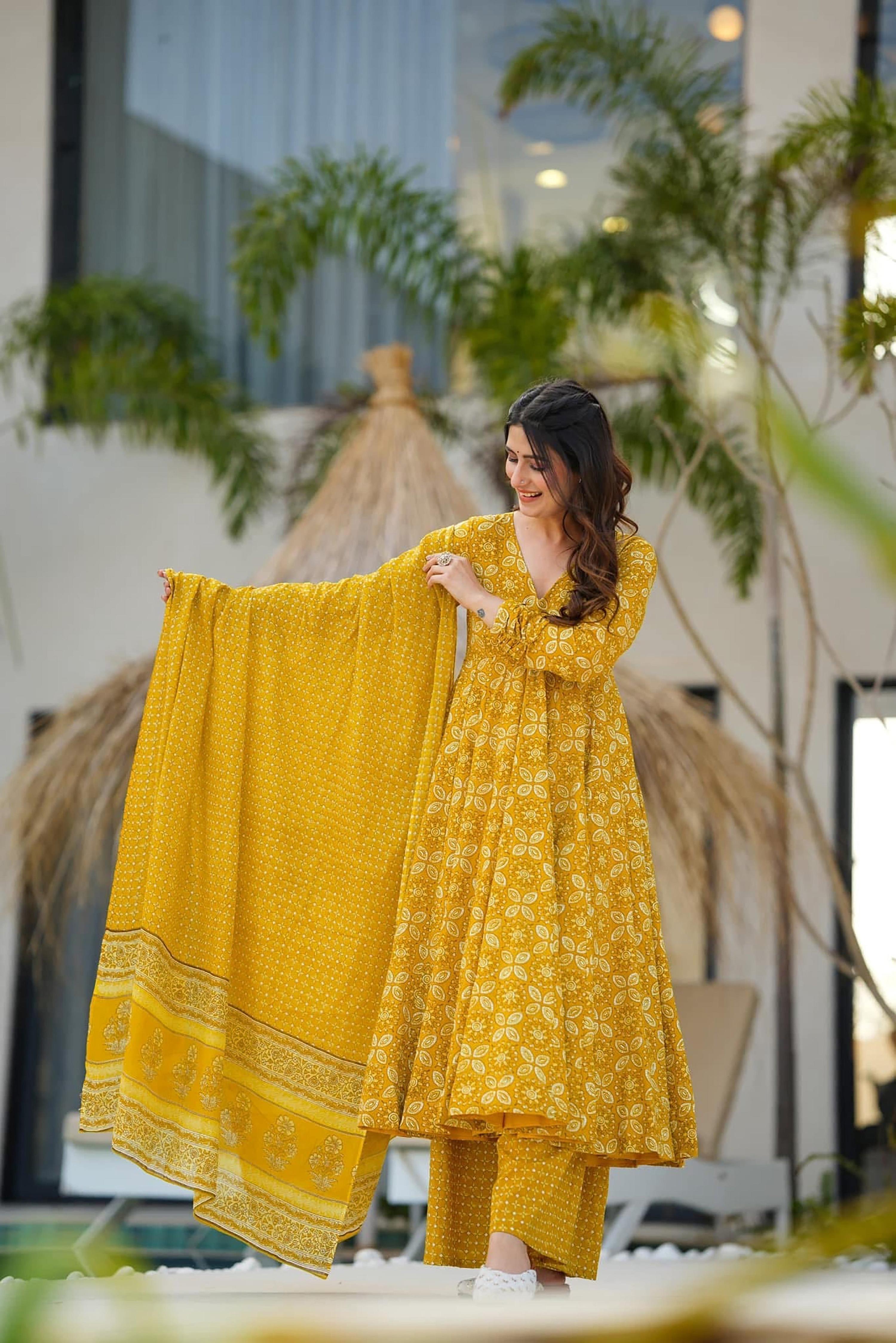 Sonakshi Women's Yellow Maslin Digital Print Full Round Flair Anarkali Gown Set With Dupatta | Grocsy