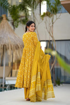 Sonakshi Women's Yellow Maslin Digital Print Full Round Flair Anarkali Gown Set With Dupatta | Grocsy