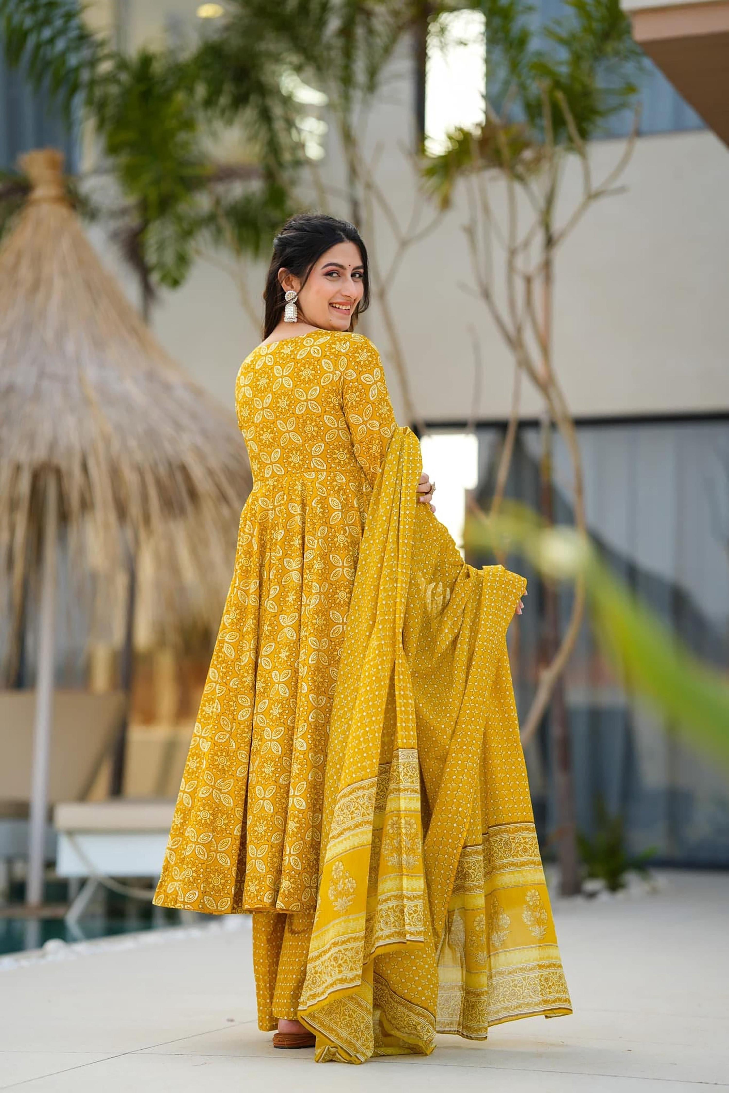 Sonakshi Women's Yellow Maslin Digital Print Full Round Flair Anarkali Gown Set With Dupatta | Grocsy
