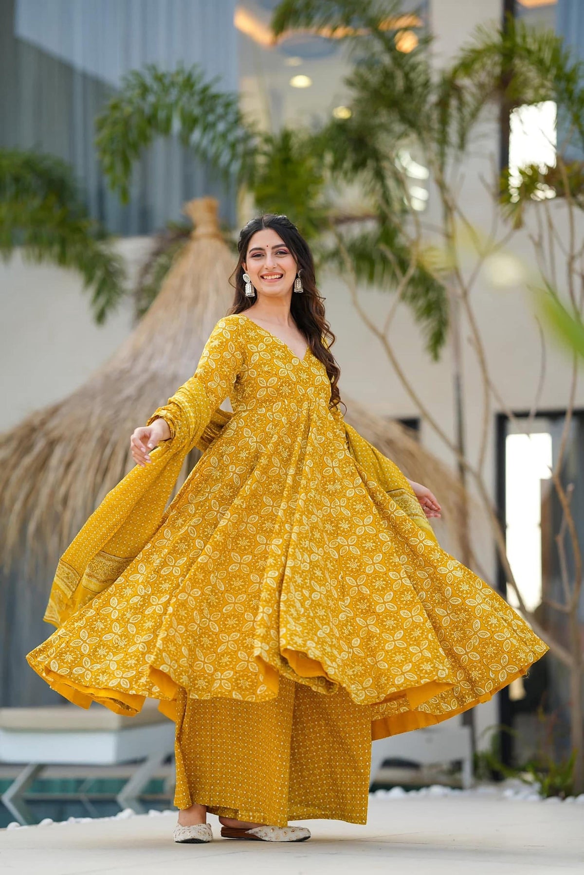 Sonakshi Women's Yellow Maslin Digital Print Full Round Flair Anarkali Gown Set With Dupatta | Grocsy