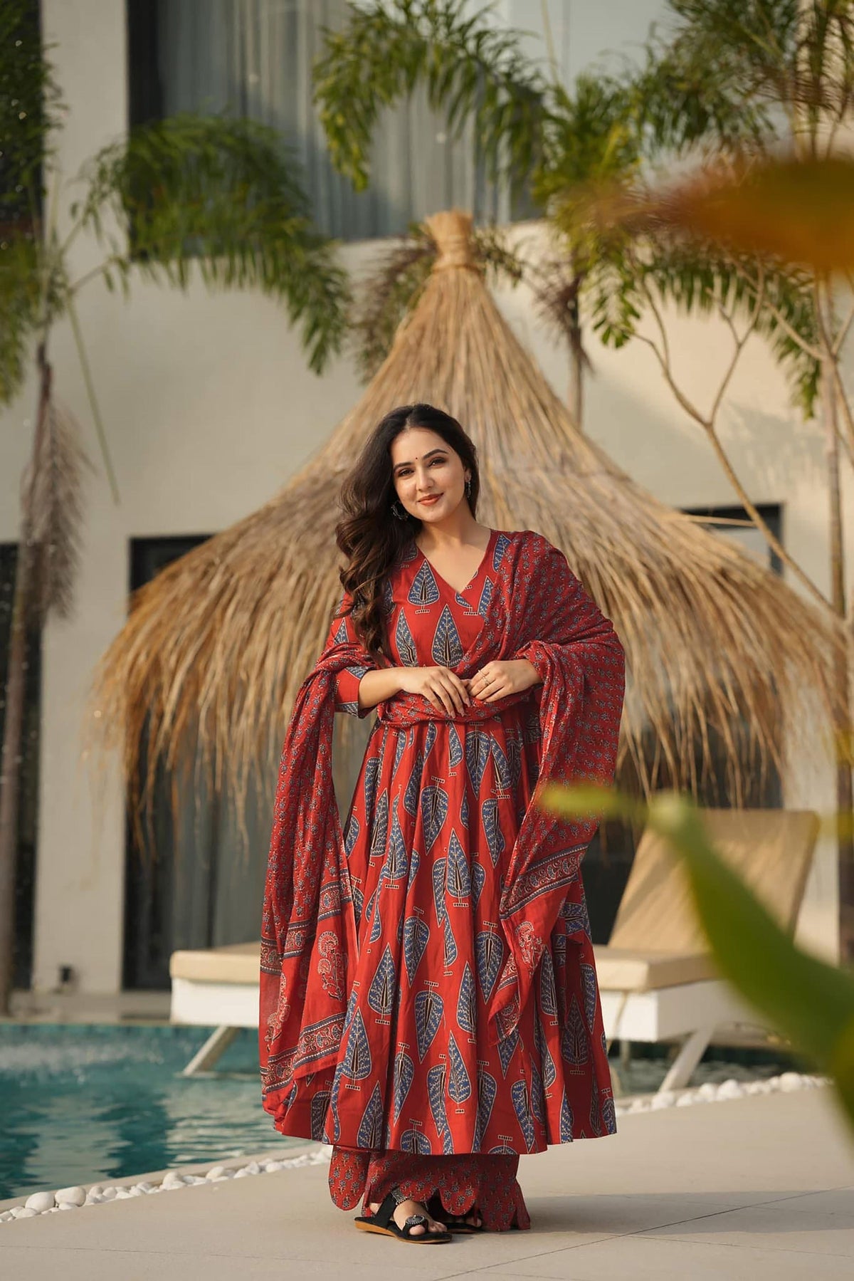 Sonakshi Women's Marron Maslin Digital Print Full Round Flair Anarkali Gown Set With Dupatta | Grocsy