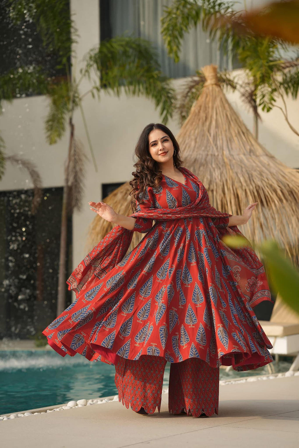 Sonakshi Women's Marron Maslin Digital Print Full Round Flair Anarkali Gown Set With Dupatta | Grocsy