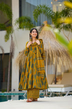 Sonakshi Women's Yellow Maslin Digital Print Full Round Flair Anarkali Gown Set With Dupatta | Grocsy