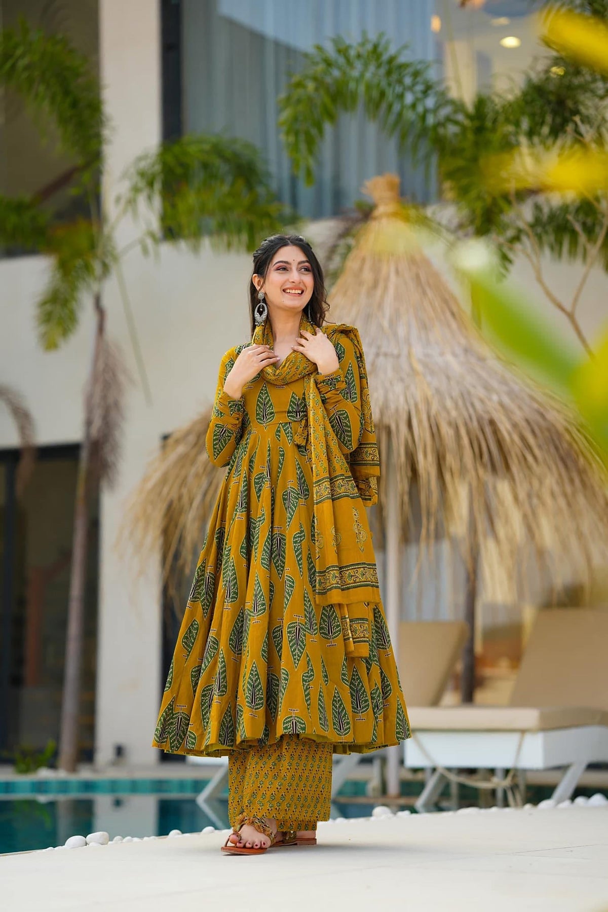 Sonakshi Women's Yellow Maslin Digital Print Full Round Flair Anarkali Gown Set With Dupatta | Grocsy