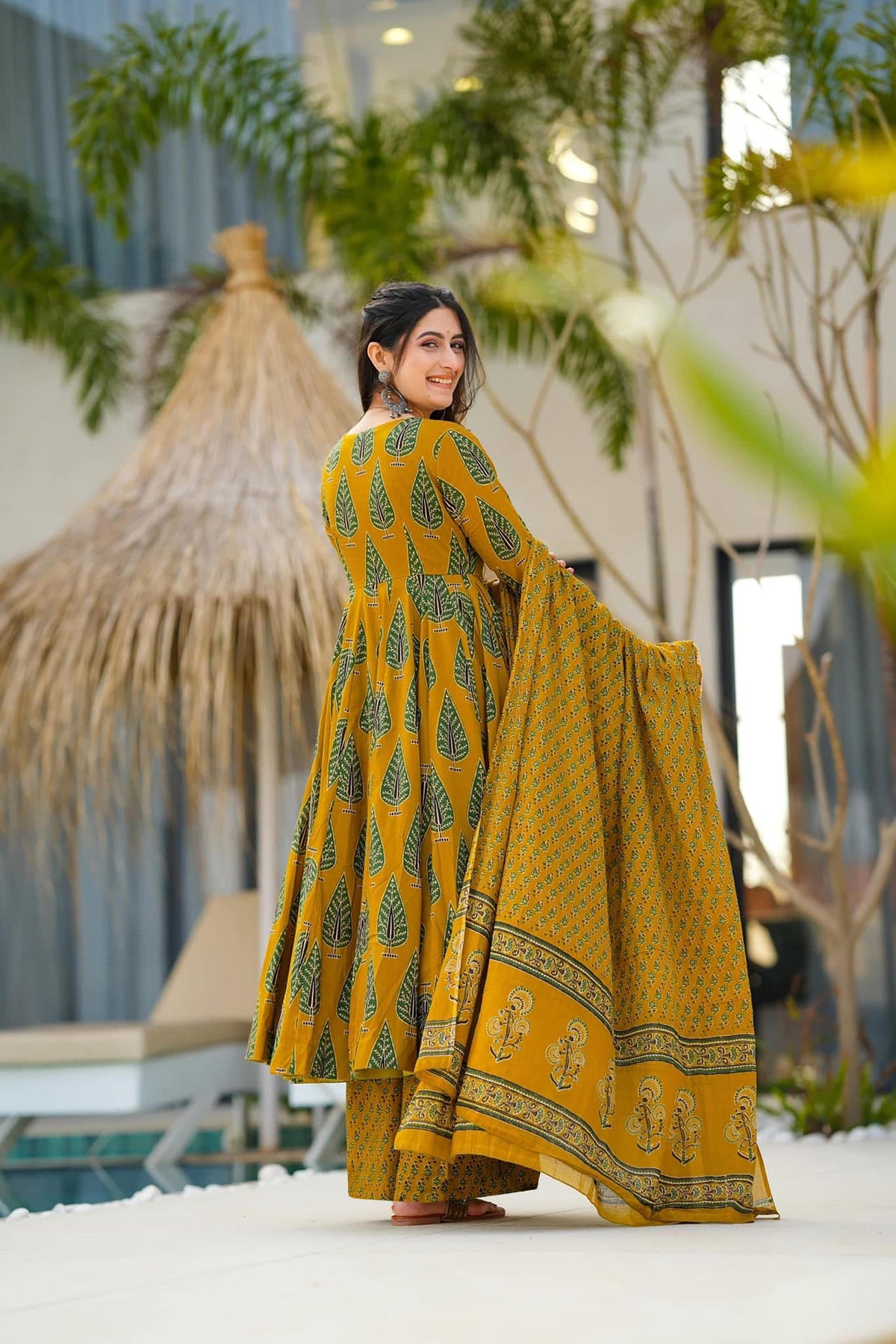 Sonakshi Women's Yellow Maslin Digital Print Full Round Flair Anarkali Gown Set With Dupatta | Grocsy