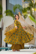 Sonakshi Women's Yellow Maslin Digital Print Full Round Flair Anarkali Gown Set With Dupatta | Grocsy