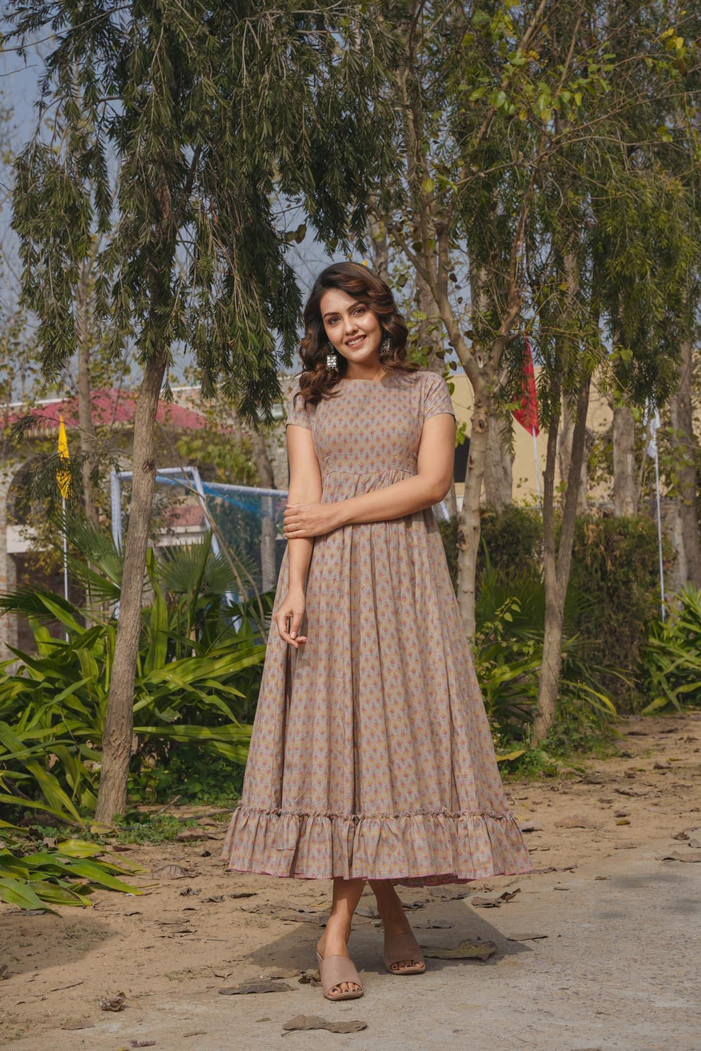 Sonakshi Women's Grey Rayon Digital Print Full Round Flair Anarkali Gown Set | Grocsy