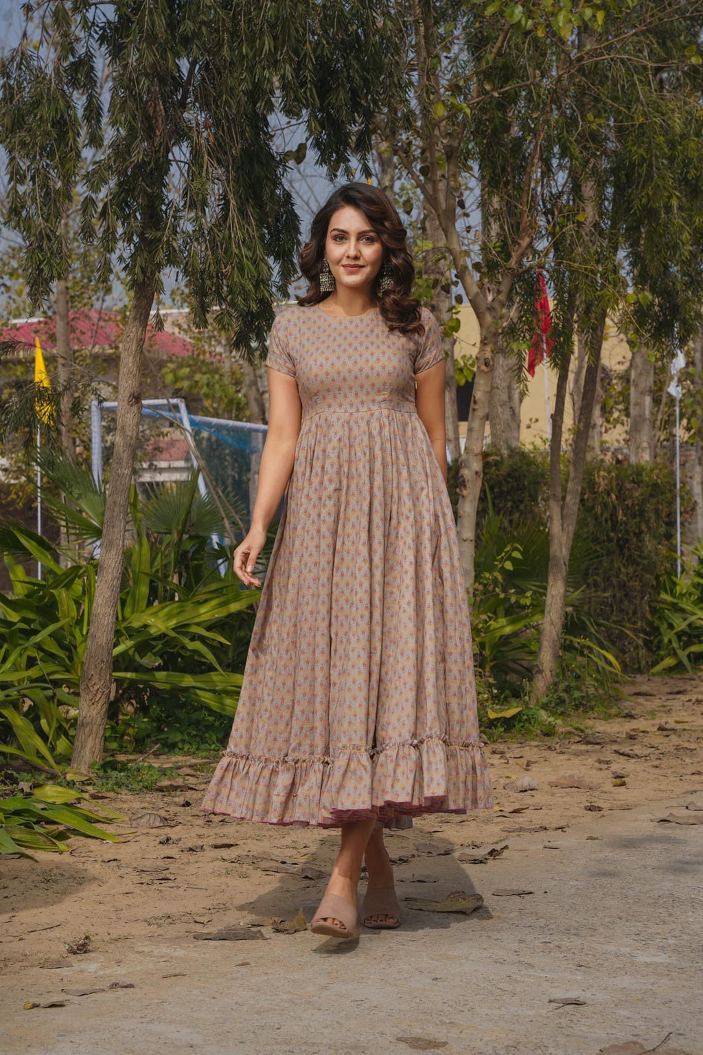Sonakshi Women's Grey Rayon Digital Print Full Round Flair Anarkali Gown Set | Grocsy
