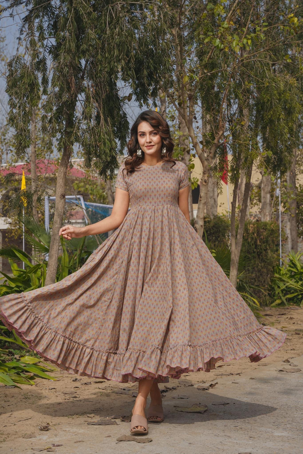 Sonakshi Women's Grey Rayon Digital Print Full Round Flair Anarkali Gown Set | Grocsy