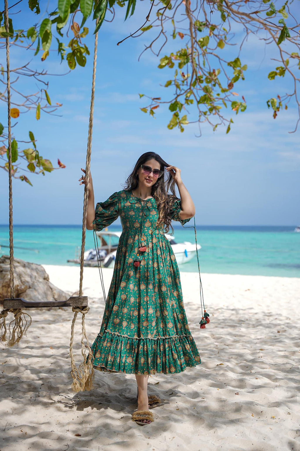 Sonakshi Women's Green Rayon Digital Print Full Round Flair Anarkali Gown Set | Grocsy