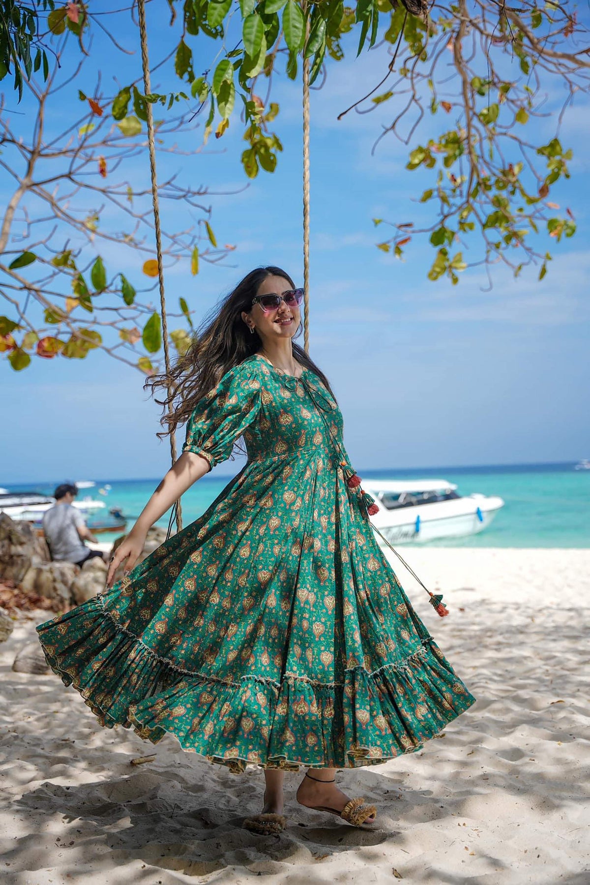 Sonakshi Women's Green Rayon Digital Print Full Round Flair Anarkali Gown Set | Grocsy