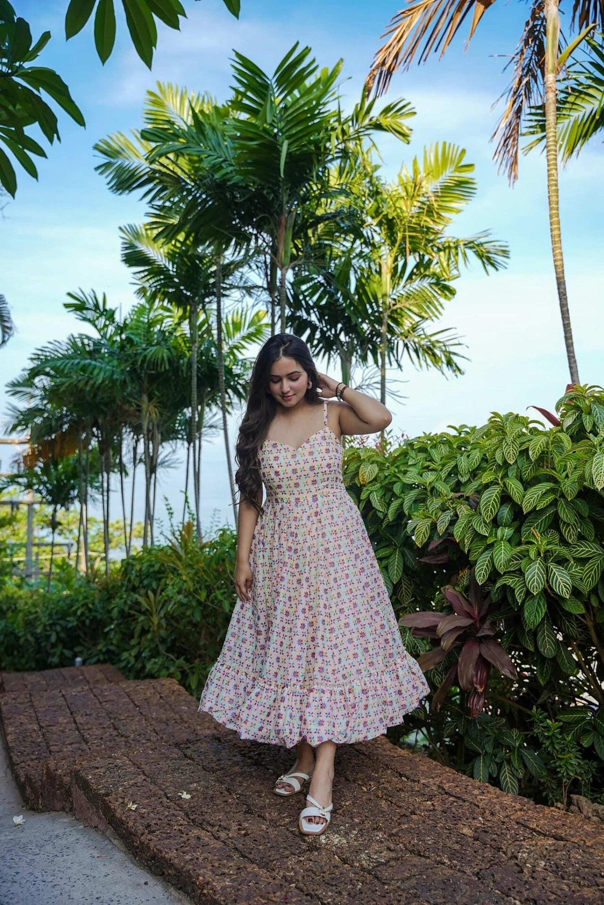 Sonakshi Women's Cream Rayon Digital Print Full Round Flair Anarkali Gown Set | Grocsy
