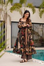 Sonakshi Women's Black Mal cottan Digital Print Full Round Flair Anarkali Gown Set With Dupatta | Grocsy