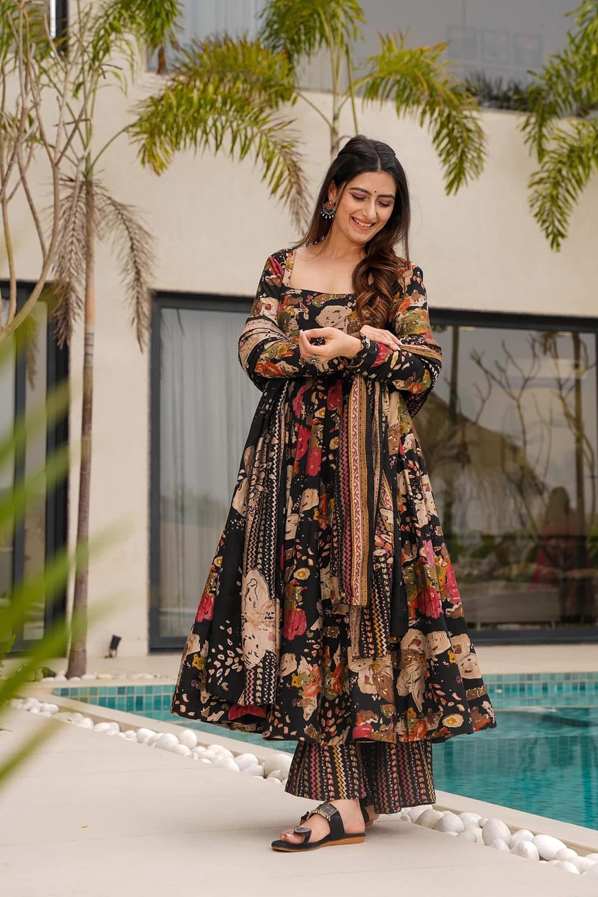 Sonakshi Women's Black Mal cottan Digital Print Full Round Flair Anarkali Gown Set With Dupatta | Grocsy
