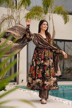 Sonakshi Women's Black Mal cottan Digital Print Full Round Flair Anarkali Gown Set With Dupatta | Grocsy