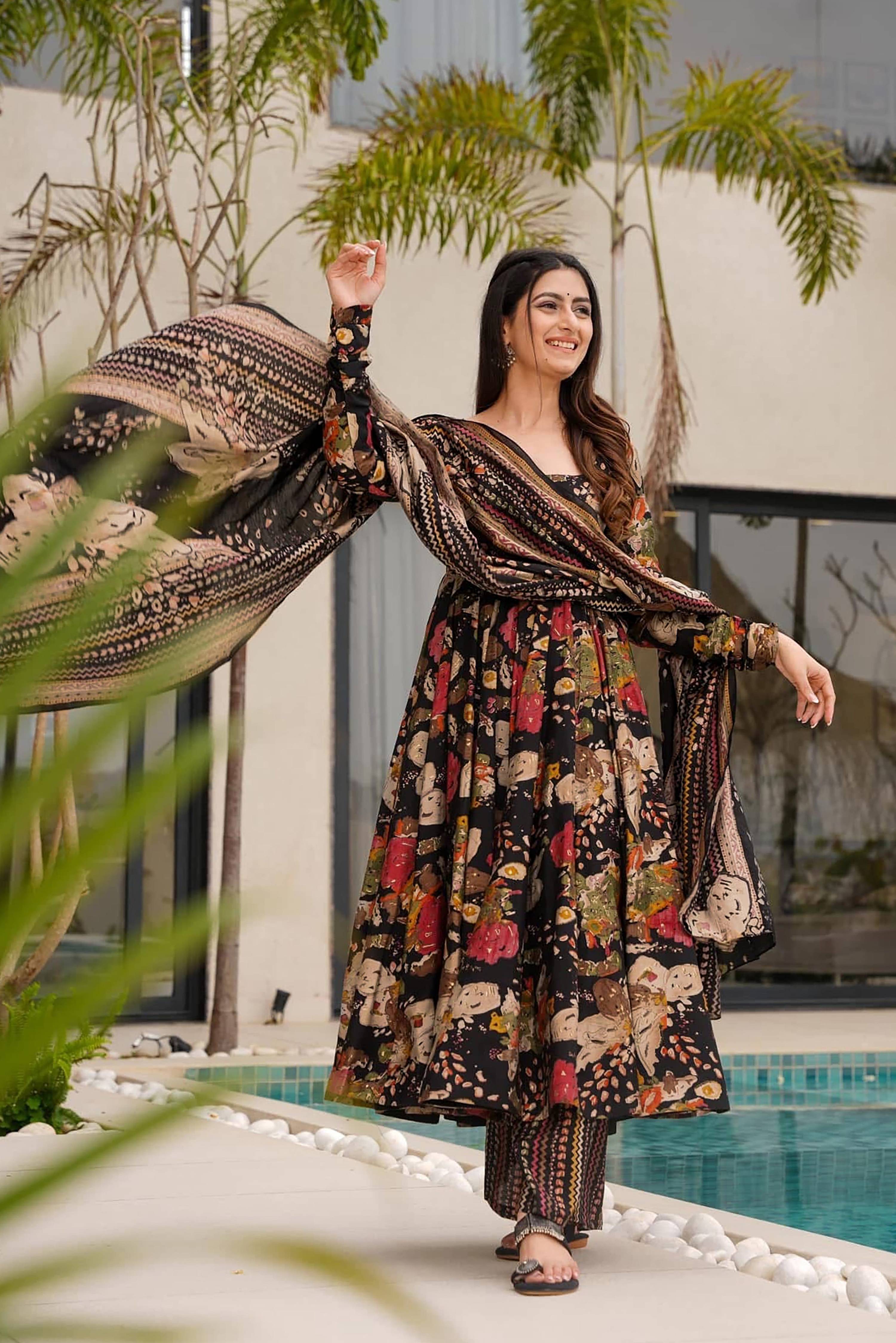 Sonakshi Women's Black Mal cottan Digital Print Full Round Flair Anarkali Gown Set With Dupatta | Grocsy