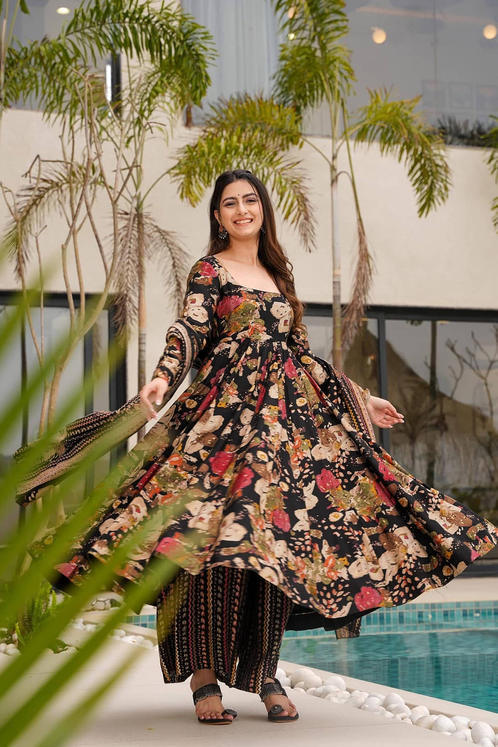 Sonakshi Women's Black Mal cottan Digital Print Full Round Flair Anarkali Gown Set With Dupatta | Grocsy