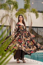 Sonakshi Women's Black Mal cottan Digital Print Full Round Flair Anarkali Gown Set With Dupatta | Grocsy