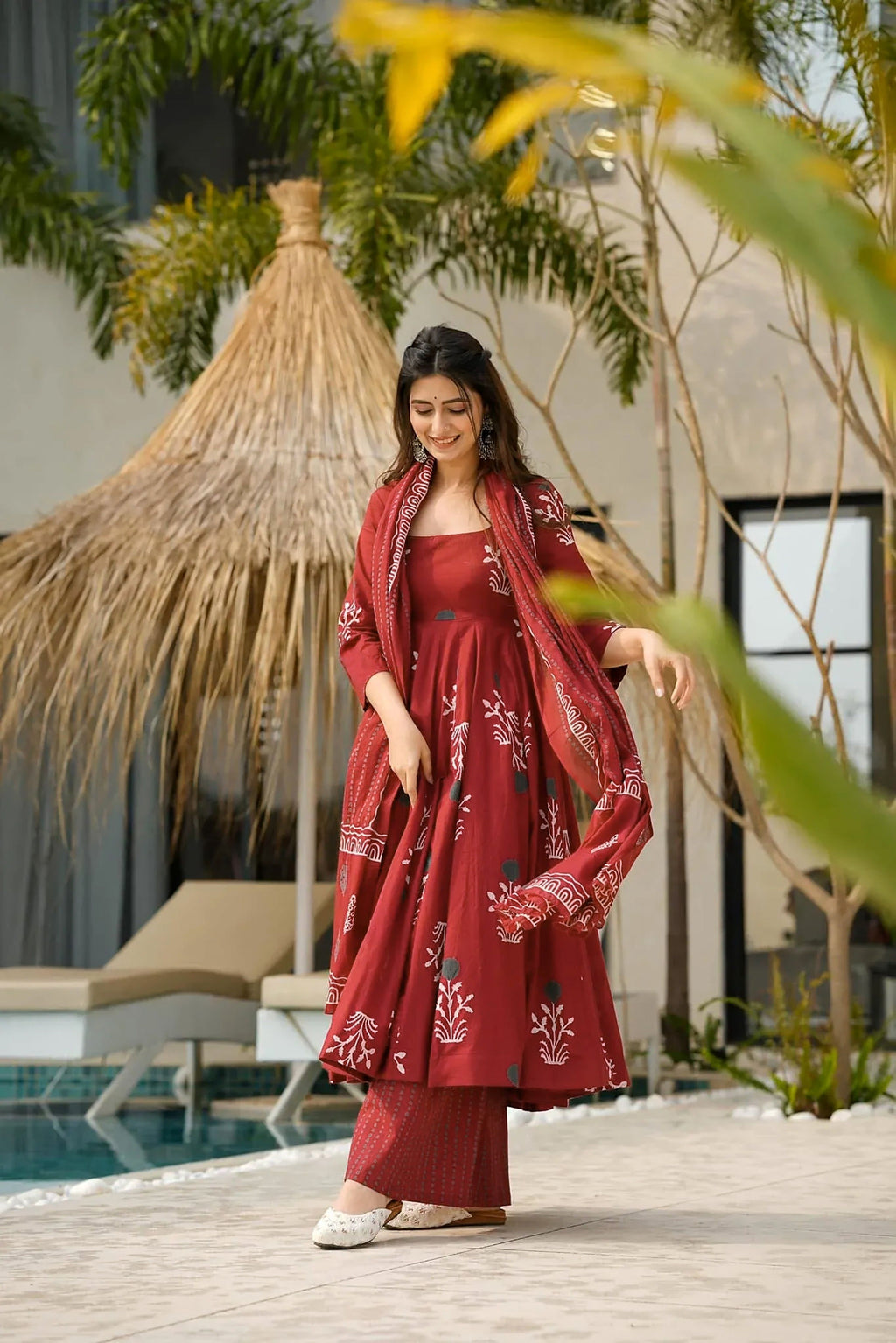 Sonakshi Women's Marron Mal cottan Digital Print Full Round Flair Anarkali Gown Set With Dupatta | Grocsy