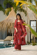 Sonakshi Women's Marron Mal cottan Digital Print Full Round Flair Anarkali Gown Set With Dupatta | Grocsy