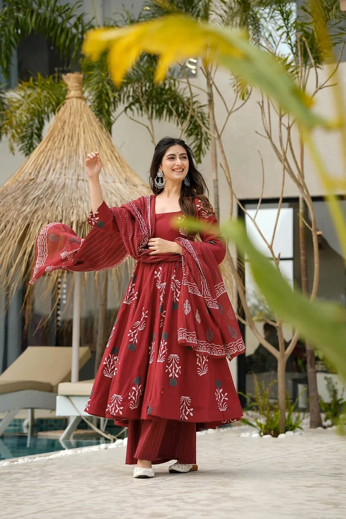Sonakshi Women's Marron Mal cottan Digital Print Full Round Flair Anarkali Gown Set With Dupatta | Grocsy