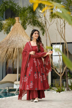 Sonakshi Women's Marron Mal cottan Digital Print Full Round Flair Anarkali Gown Set With Dupatta | Grocsy
