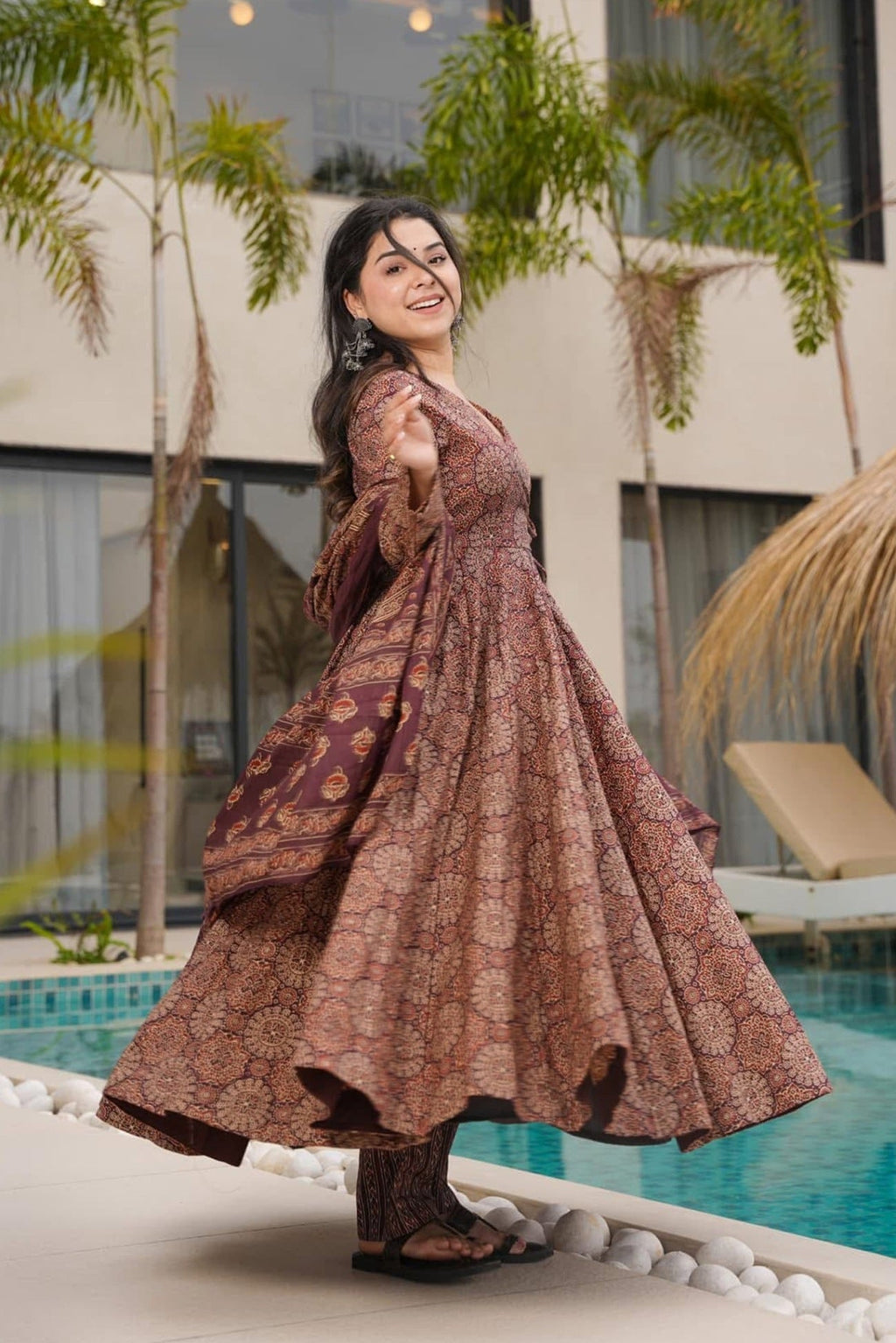 Sonakshi Women's Marron Mal cottan Digital Print Full Round Flair Anarkali Gown Set With Dupatta | Grocsy