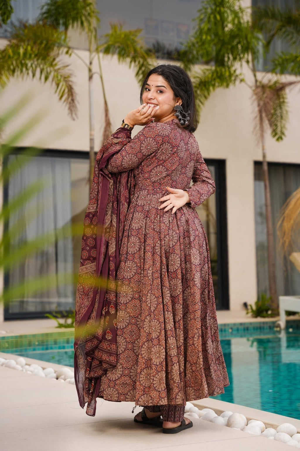 Sonakshi Women's Marron Mal cottan Digital Print Full Round Flair Anarkali Gown Set With Dupatta | Grocsy