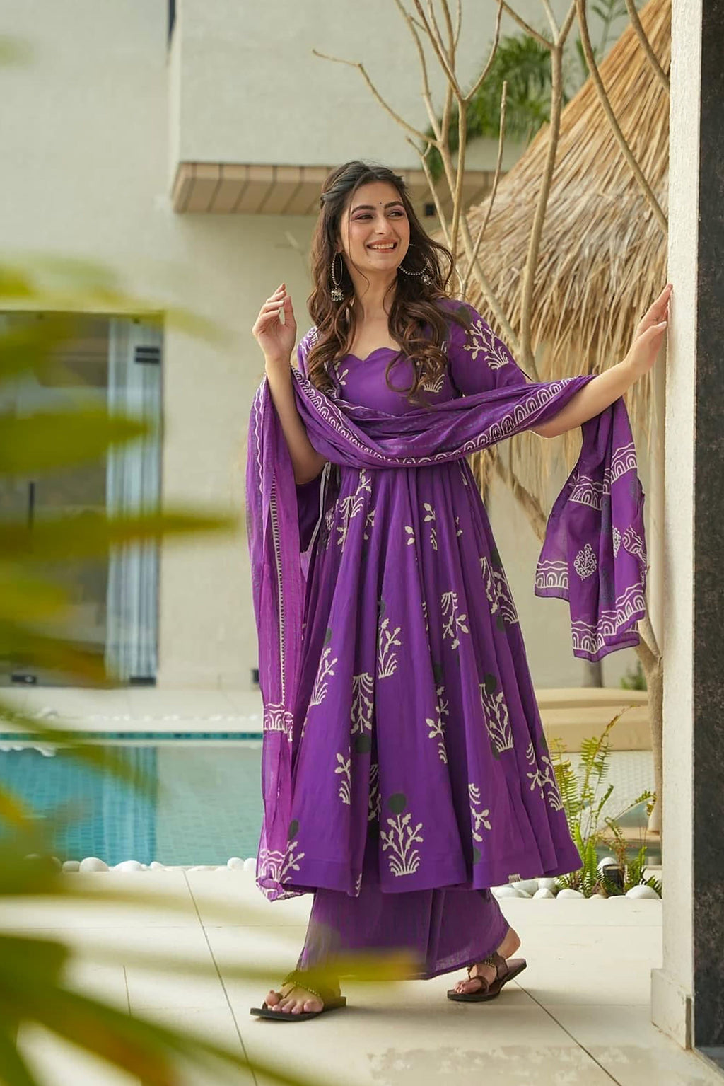 Sonakshi Women's Purple Mal cottan Digital Print Full Round Flair Anarkali Gown Set With Dupatta | Grocsy