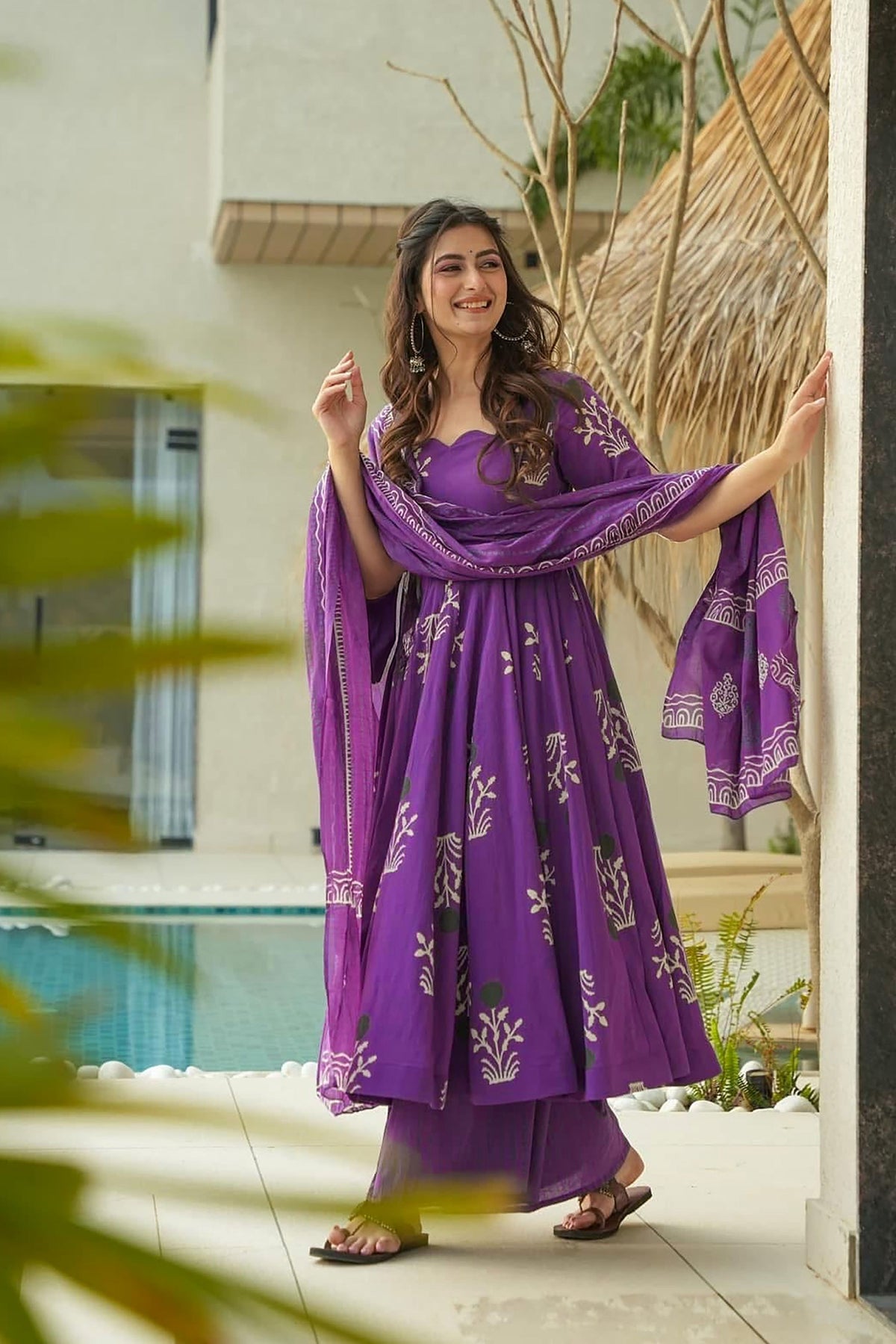 Sonakshi Women's Purple Mal cottan Digital Print Full Round Flair Anarkali Gown Set With Dupatta | Grocsy