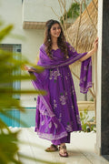 Sonakshi Women's Purple Mal cottan Digital Print Full Round Flair Anarkali Gown Set With Dupatta | Grocsy