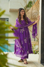 Sonakshi Women's Purple Mal cottan Digital Print Full Round Flair Anarkali Gown Set With Dupatta | Grocsy