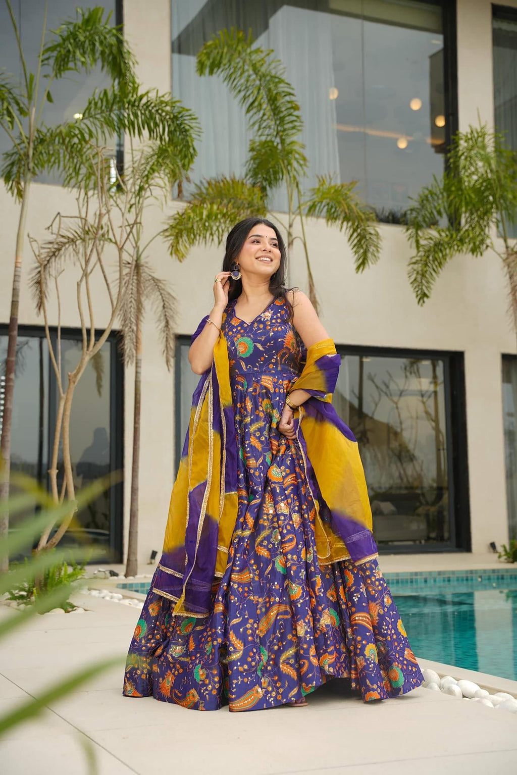Sonakshi Women's Purple Silk Digital Print Full Round Flair Anarkali Gown Set With Dupatta | Grocsy