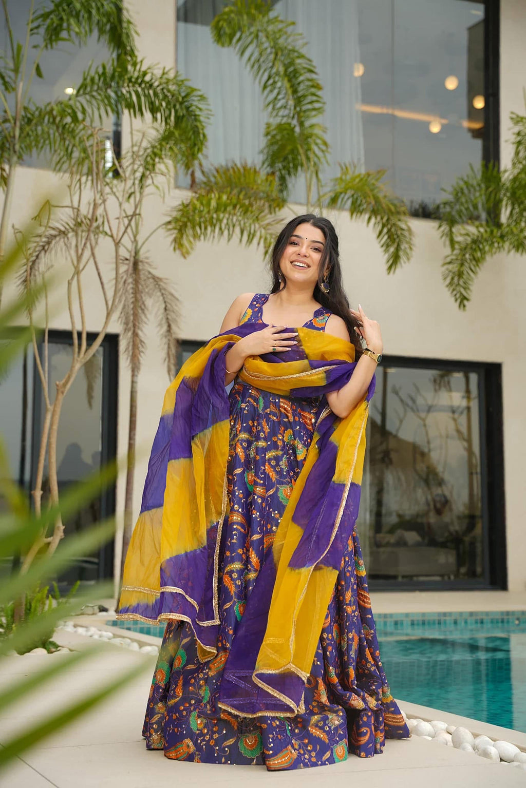 Sonakshi Women's Purple Silk Digital Print Full Round Flair Anarkali Gown Set With Dupatta | Grocsy