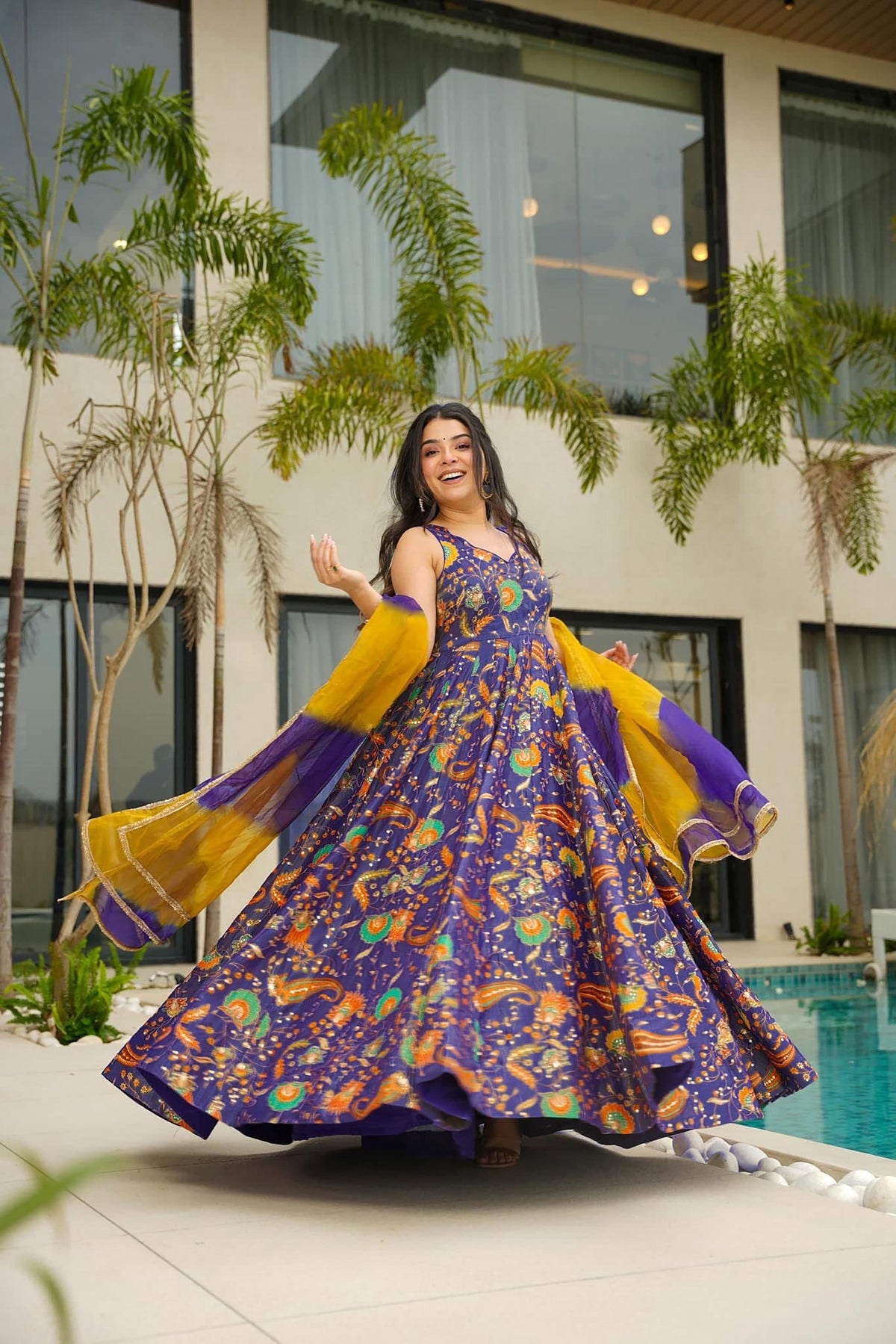 Sonakshi Women's Purple Silk Digital Print Full Round Flair Anarkali Gown Set With Dupatta | Grocsy