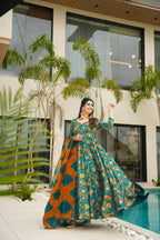 Sonakshi Women's Green Silk Digital Print Full Round Flair Anarkali Gown Set With Dupatta | Grocsy
