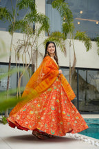 Sonakshi Women's Yellow Silk Digital Print Full Round Flair Anarkali Gown Set With Dupatta | Grocsy