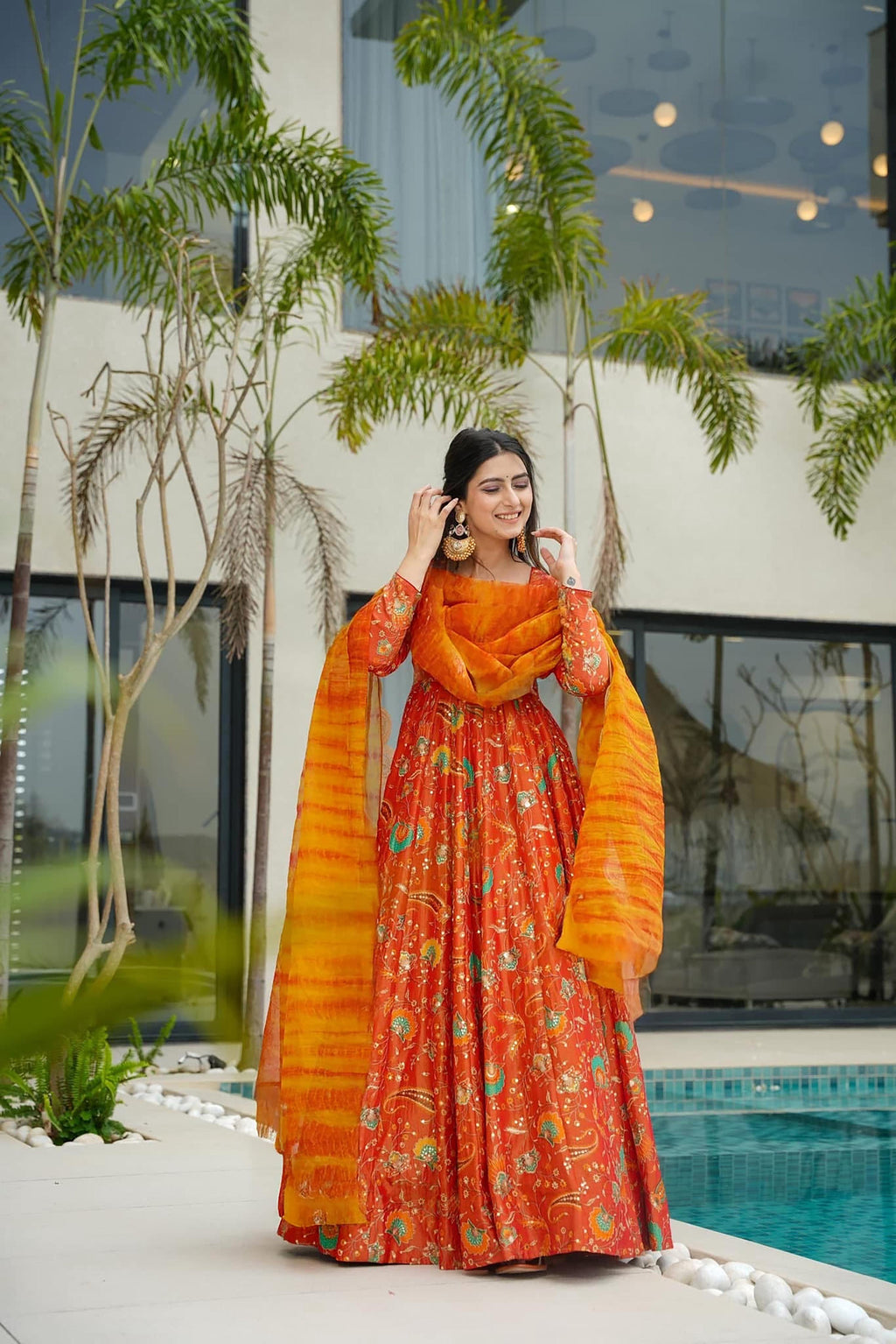 Sonakshi Women's Yellow Silk Digital Print Full Round Flair Anarkali Gown Set With Dupatta | Grocsy