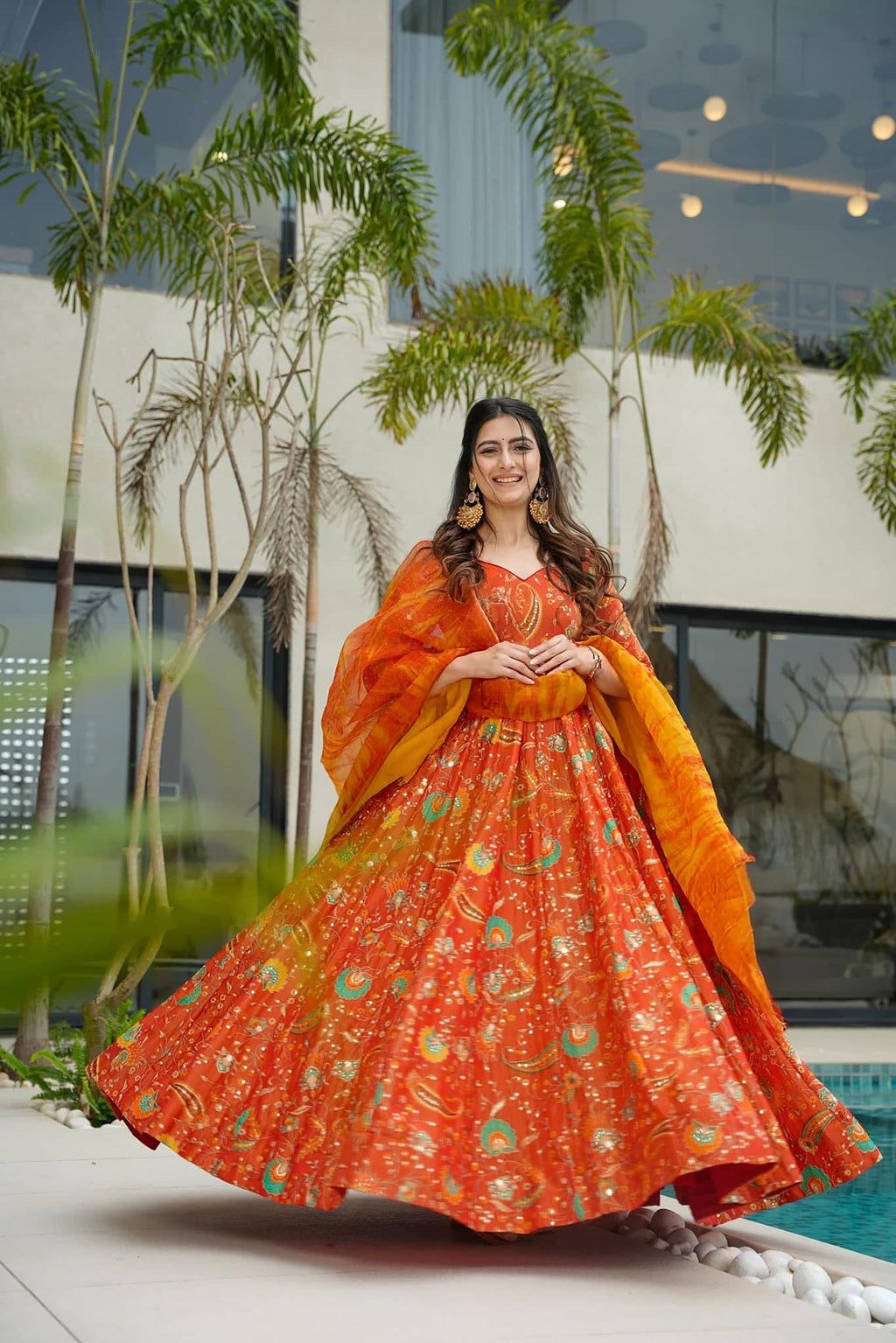 Sonakshi Women's Yellow Silk Digital Print Full Round Flair Anarkali Gown Set With Dupatta | Grocsy
