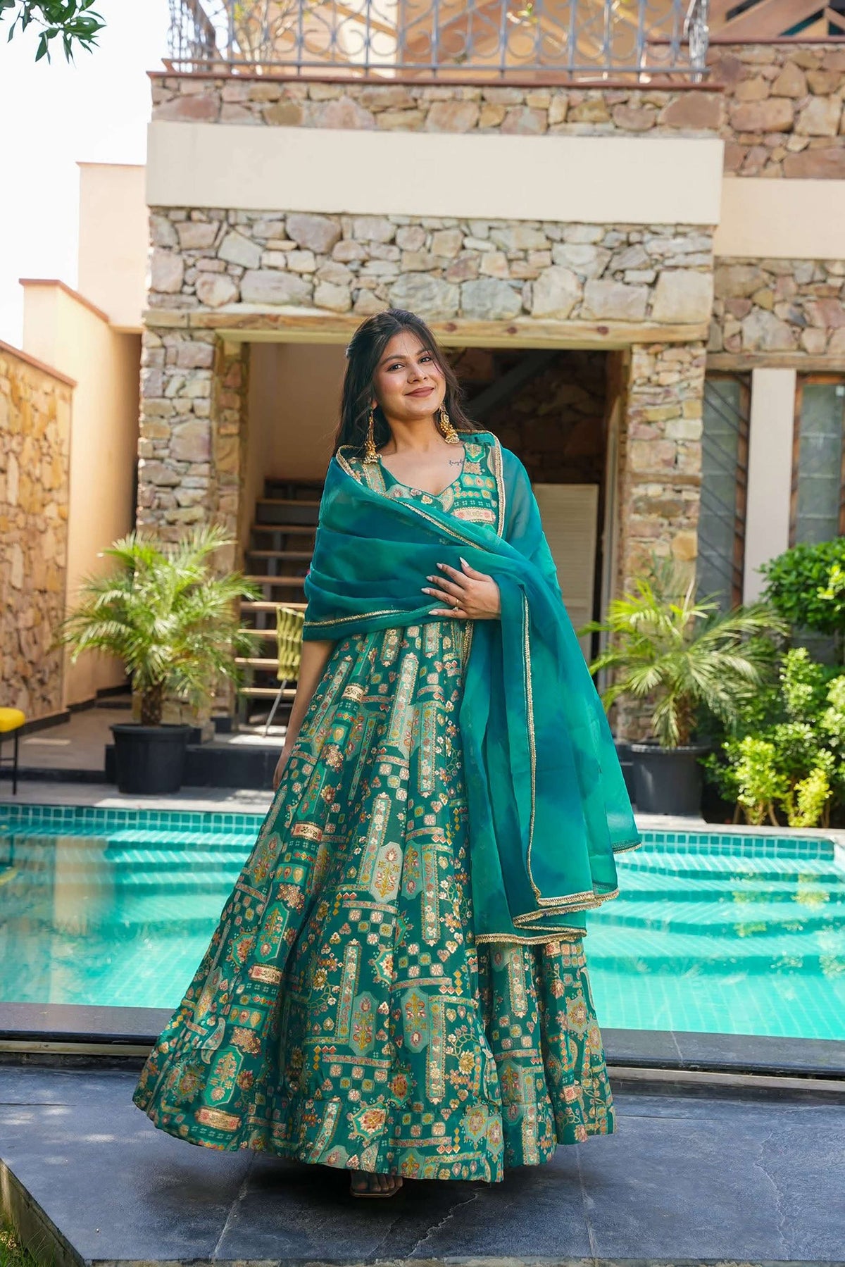 Sonakshi Women's Green Silk Digital Print Full Round Flair Anarkali Gown Set With Dupatta | Grocsy