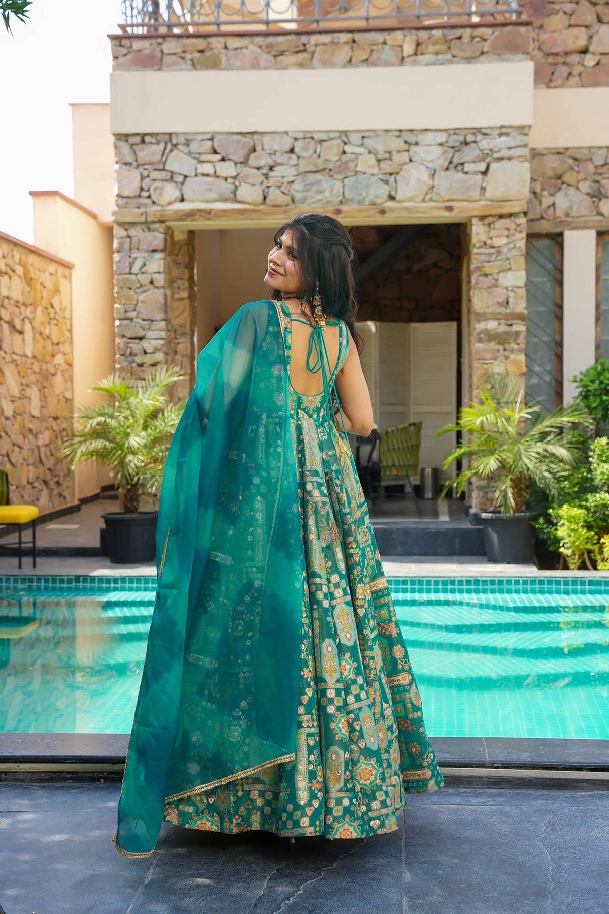 Sonakshi Women's Green Silk Digital Print Full Round Flair Anarkali Gown Set With Dupatta | Grocsy