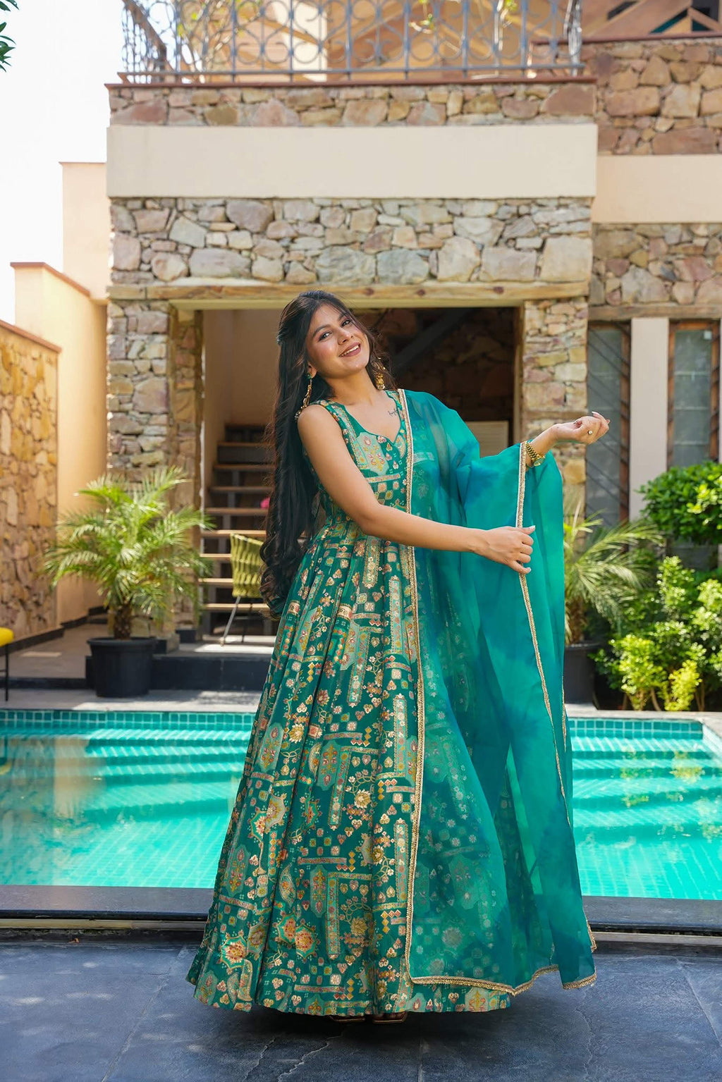 Sonakshi Women's Green Silk Digital Print Full Round Flair Anarkali Gown Set With Dupatta | Grocsy