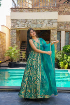 Sonakshi Women's Green Silk Digital Print Full Round Flair Anarkali Gown Set With Dupatta | Grocsy