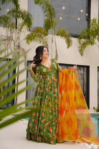 Sonakshi Women's Mehendi Silk Digital Print Full Round Flair Anarkali Gown Set With Dupatta | Grocsy