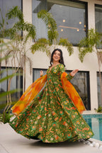 Sonakshi Women's Mehendi Silk Digital Print Full Round Flair Anarkali Gown Set With Dupatta | Grocsy