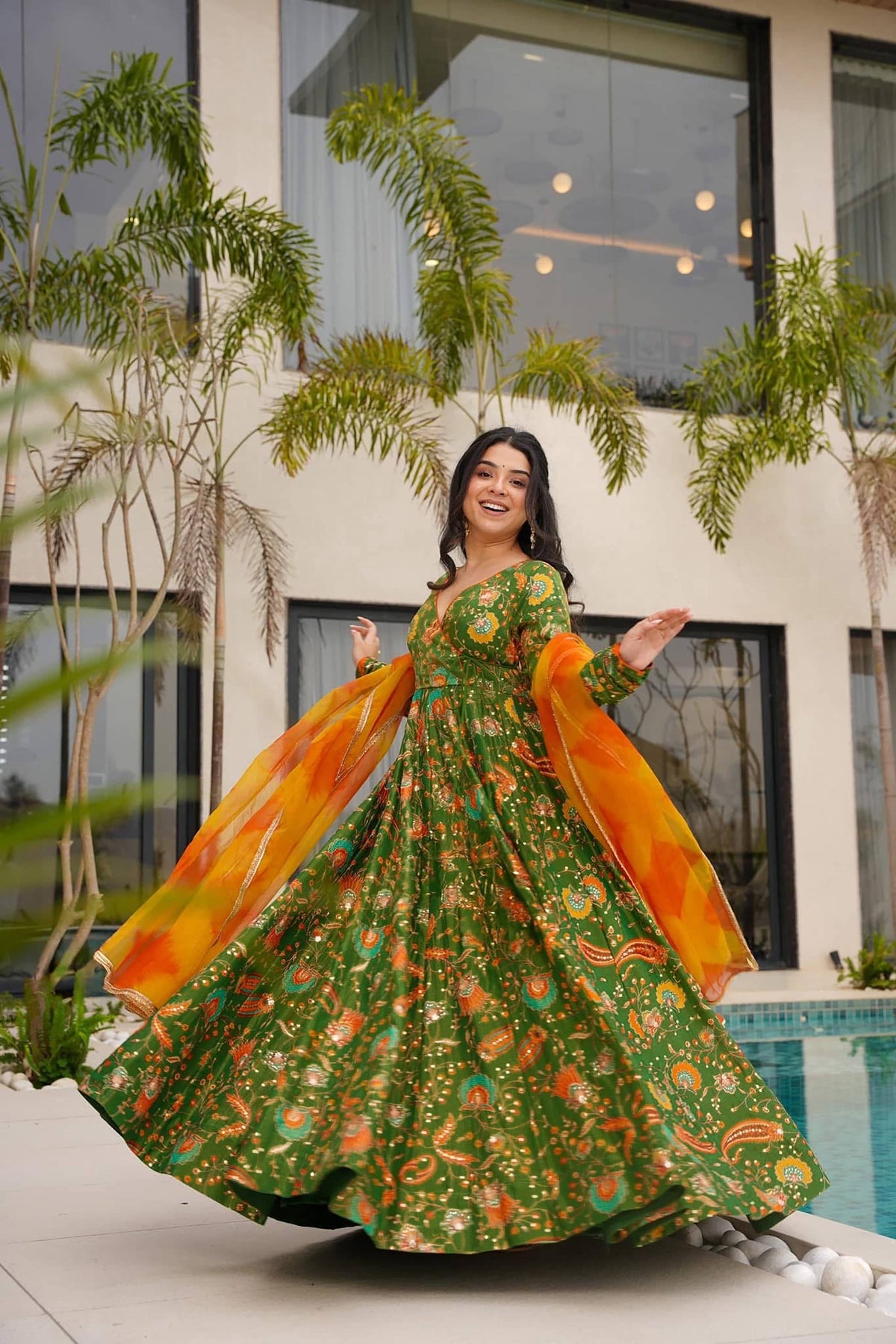 Sonakshi Women's Mehendi Silk Digital Print Full Round Flair Anarkali Gown Set With Dupatta | Grocsy