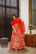 Sonakshi Women's Red Silk Digital Print Full Round Flair Anarkali Gown Set With Dupatta | Grocsy