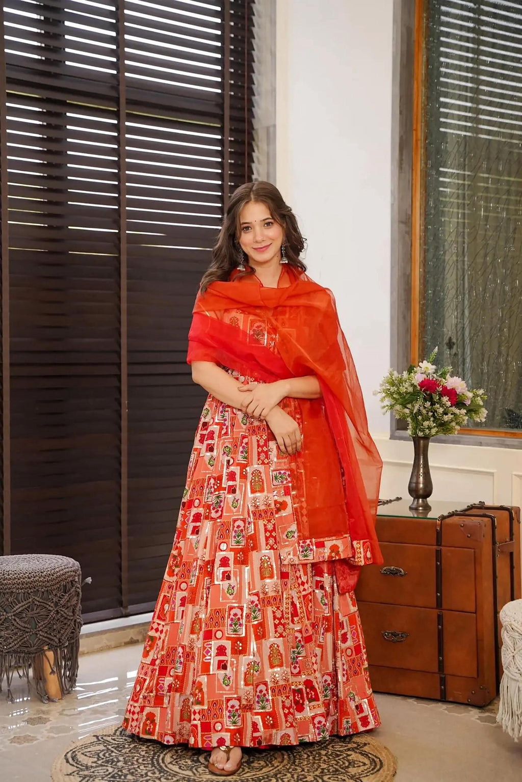 Sonakshi Women's Red Silk Digital Print Full Round Flair Anarkali Gown Set With Dupatta | Grocsy